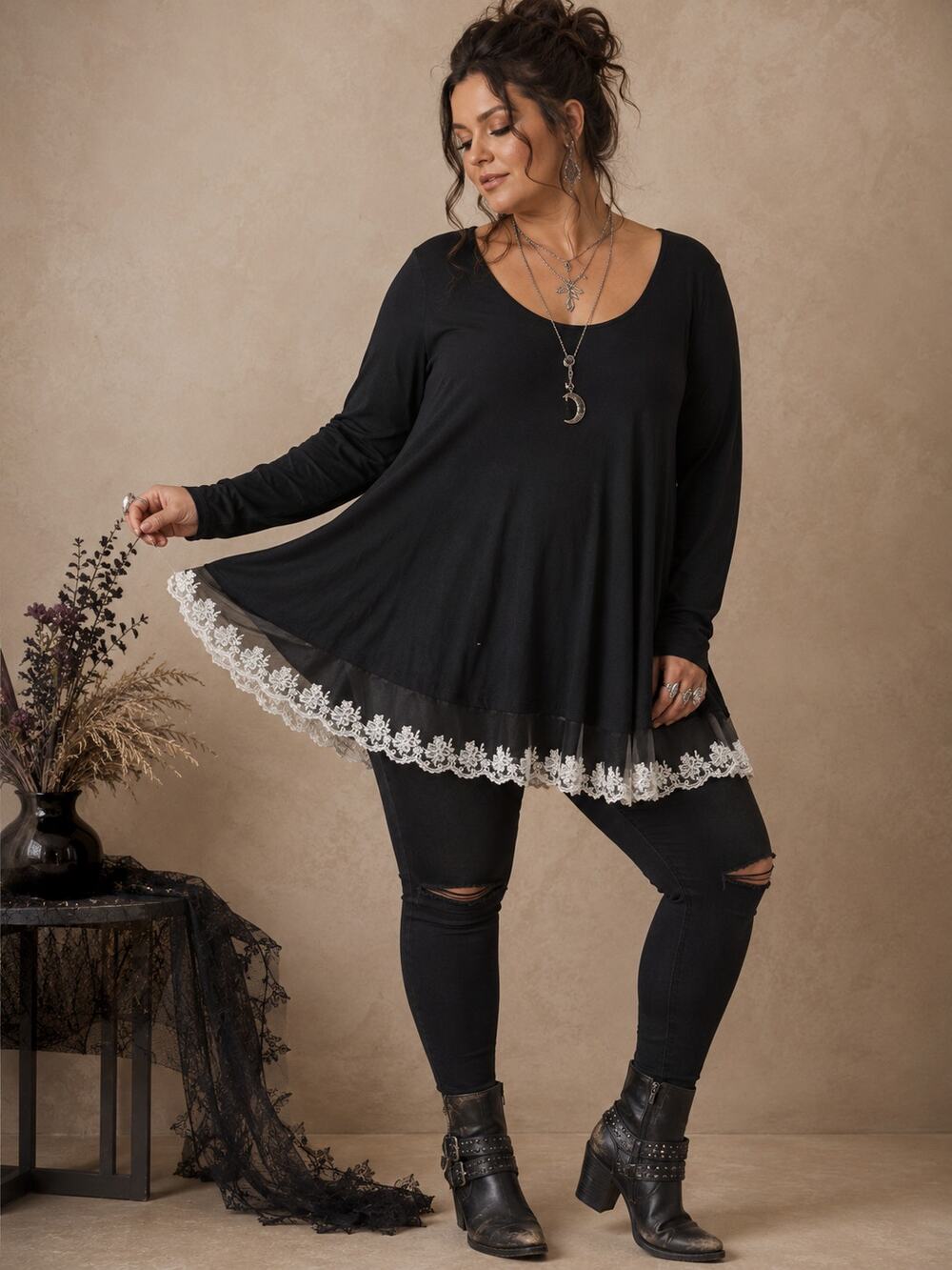 Umgee USA Black Lace Hem Tunic Top 1XL Whimsigoth Boho